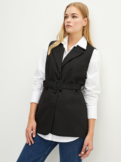 Women's Front Button Closure Sleeveless Jacket with Waist Belt