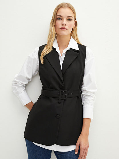 Women's Front Button Closure Sleeveless Jacket with Waist Belt