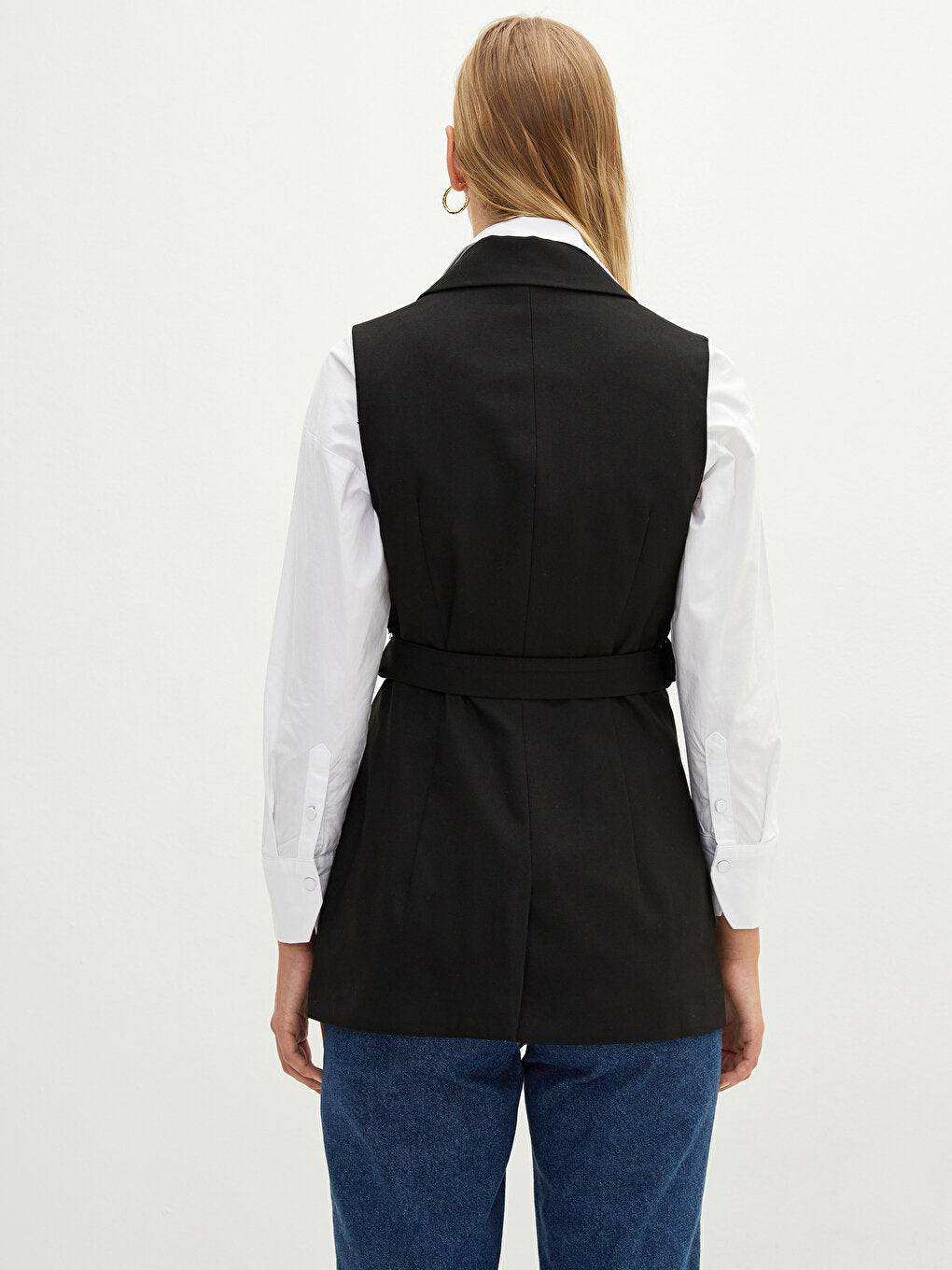 Women's Front Button Closure Sleeveless Jacket with Waist Belt