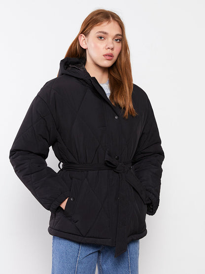 Hooded Quilted Patterned Long Sleeve Women's Puffer Coat