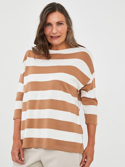 Boat Neck Striped Long Sleeve Women's Knitwear Sweater