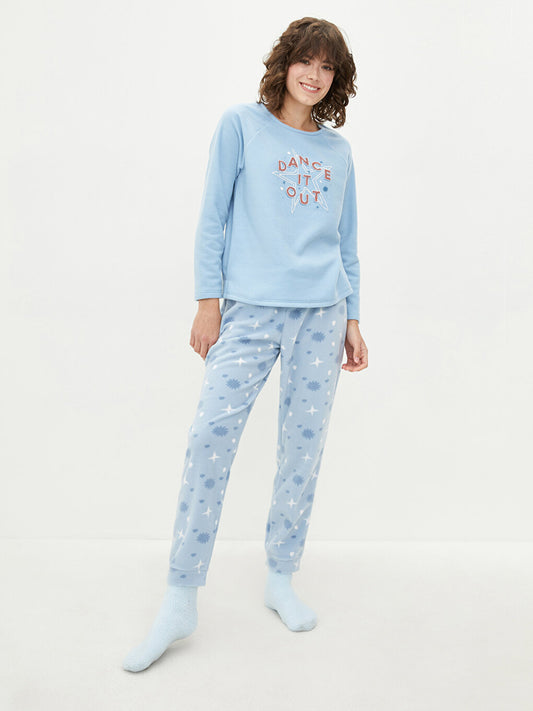 Crew Neck Printed Long Sleeve Fleece Women's Pajama Set