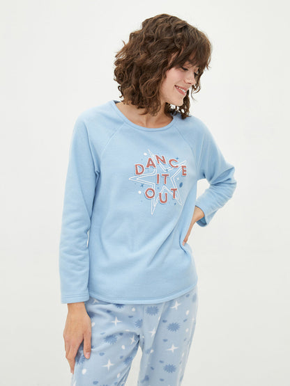 Crew Neck Printed Long Sleeve Fleece Women's Pajama Set