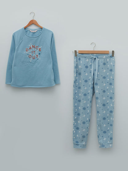 Crew Neck Printed Long Sleeve Fleece Women's Pajama Set