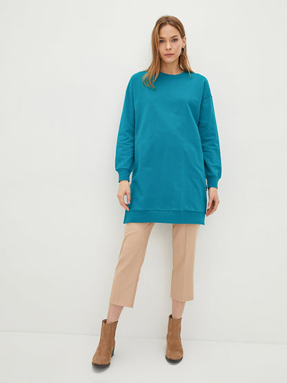 Crew Neck Plain Long Sleeve Cotton Women's Sweatshirt Tunic