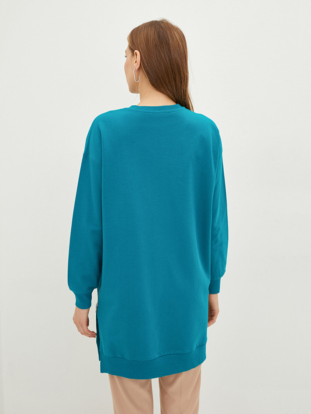 Crew Neck Plain Long Sleeve Cotton Women's Sweatshirt Tunic