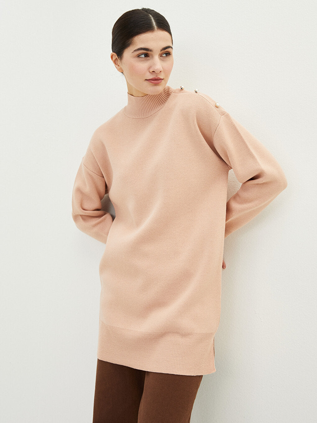 Half Turtleneck Plain Long Sleeve Oversize Women's Knitwear Tunic