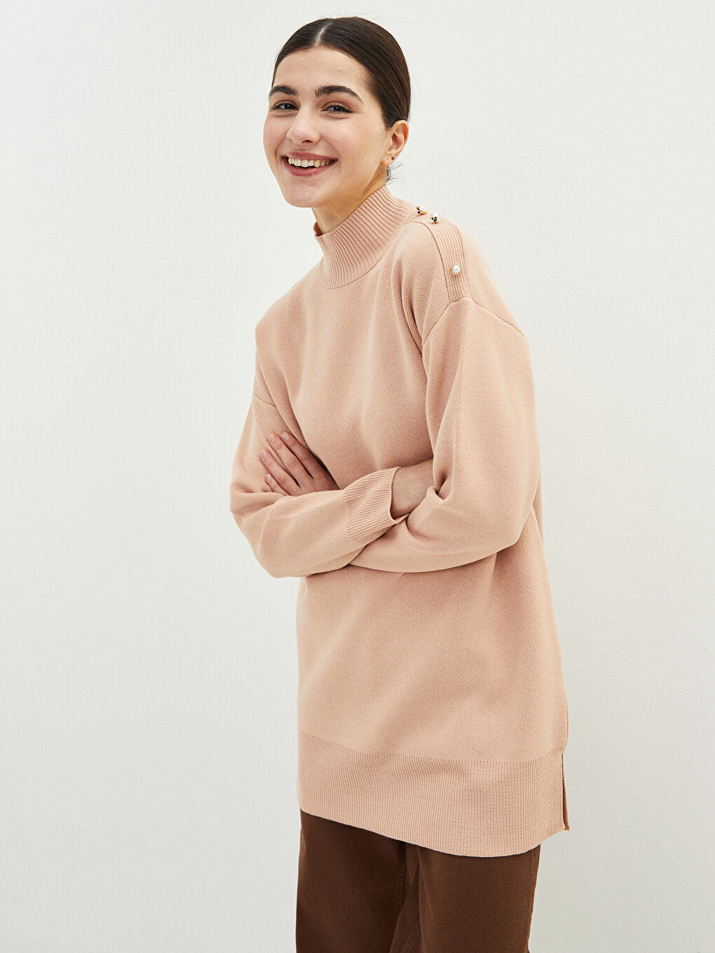 Half Turtleneck Plain Long Sleeve Oversize Women's Knitwear Tunic