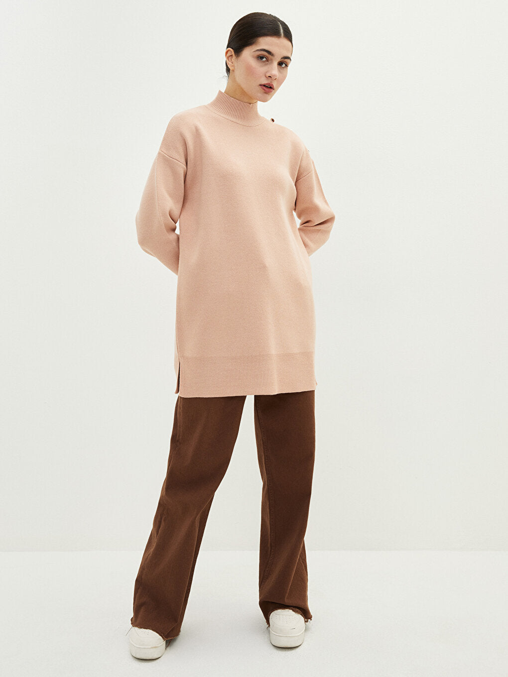 Half Turtleneck Plain Long Sleeve Oversize Women's Knitwear Tunic