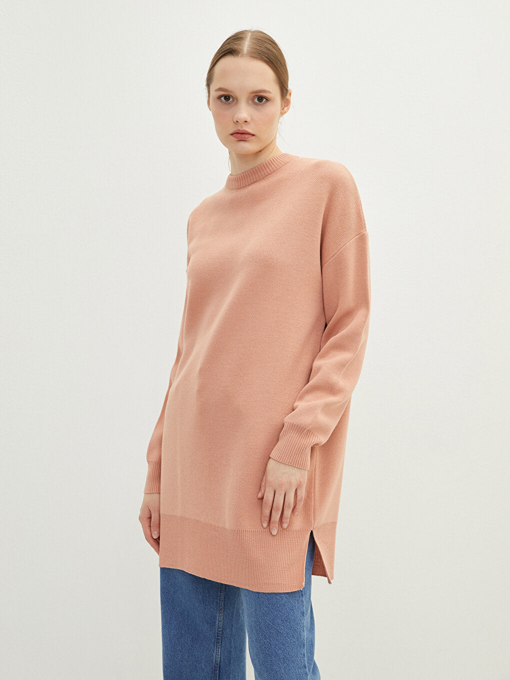 Crew Neck Plain Long Sleeve Oversize Women's Knitwear Tunic