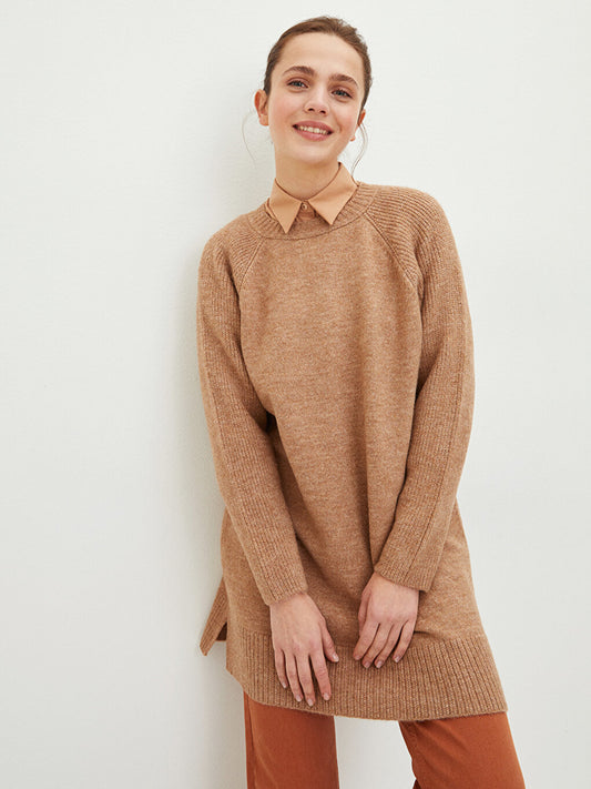 Crew Neck Plain Long Sleeve Women's Knitwear Tunic