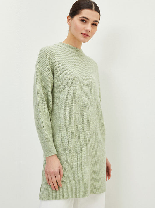 Crew Neck Plain Long Sleeve Women's Knitwear Tunic