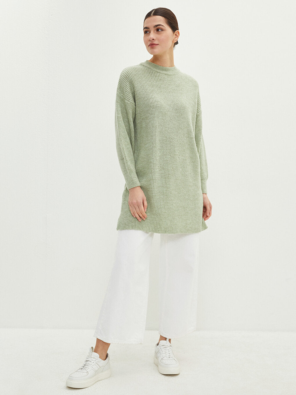 Crew Neck Plain Long Sleeve Women's Knitwear Tunic