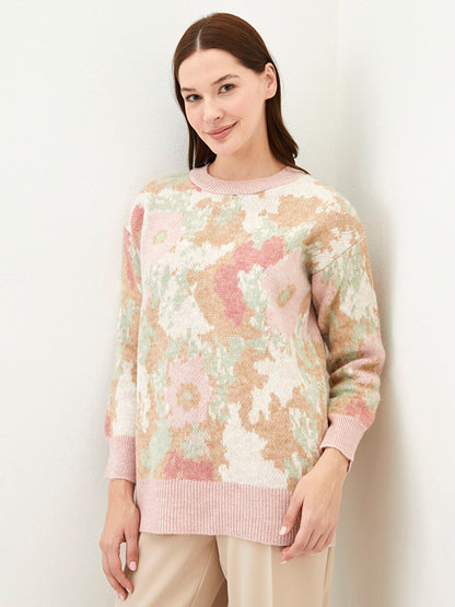 Crew Neck Patterned Long Sleeve Women's Knitwear Tunic