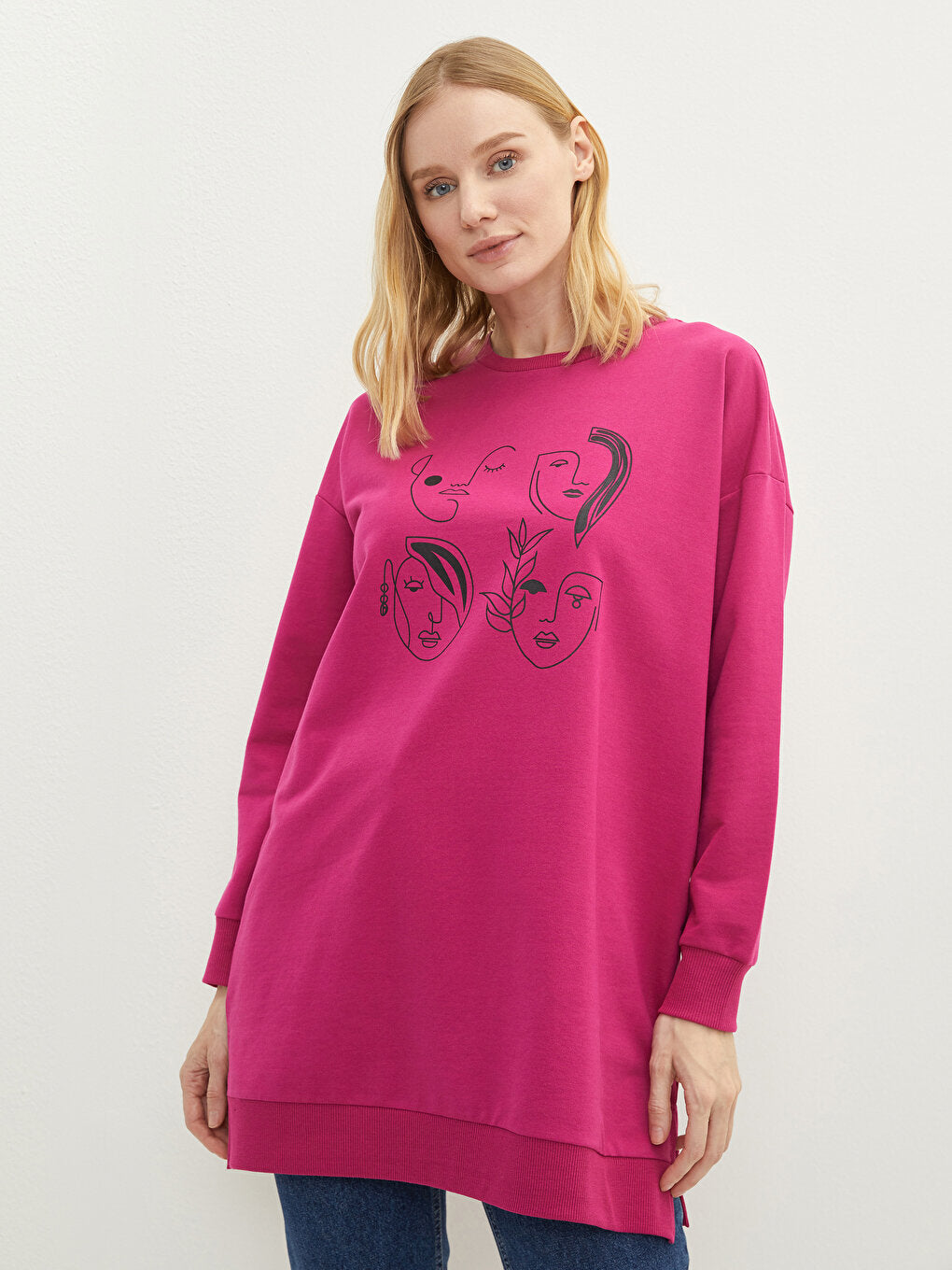 Crew Neck Printed Long Sleeve Oversize Women's Sweatshirt Tunic