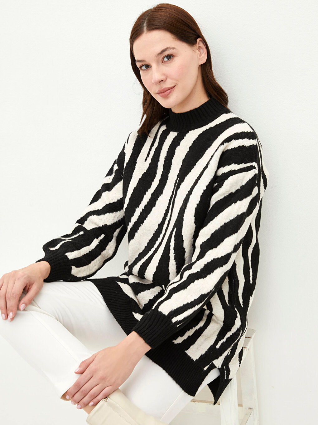 High Collar Patterned Long Sleeve Women's Knitwear Tunic