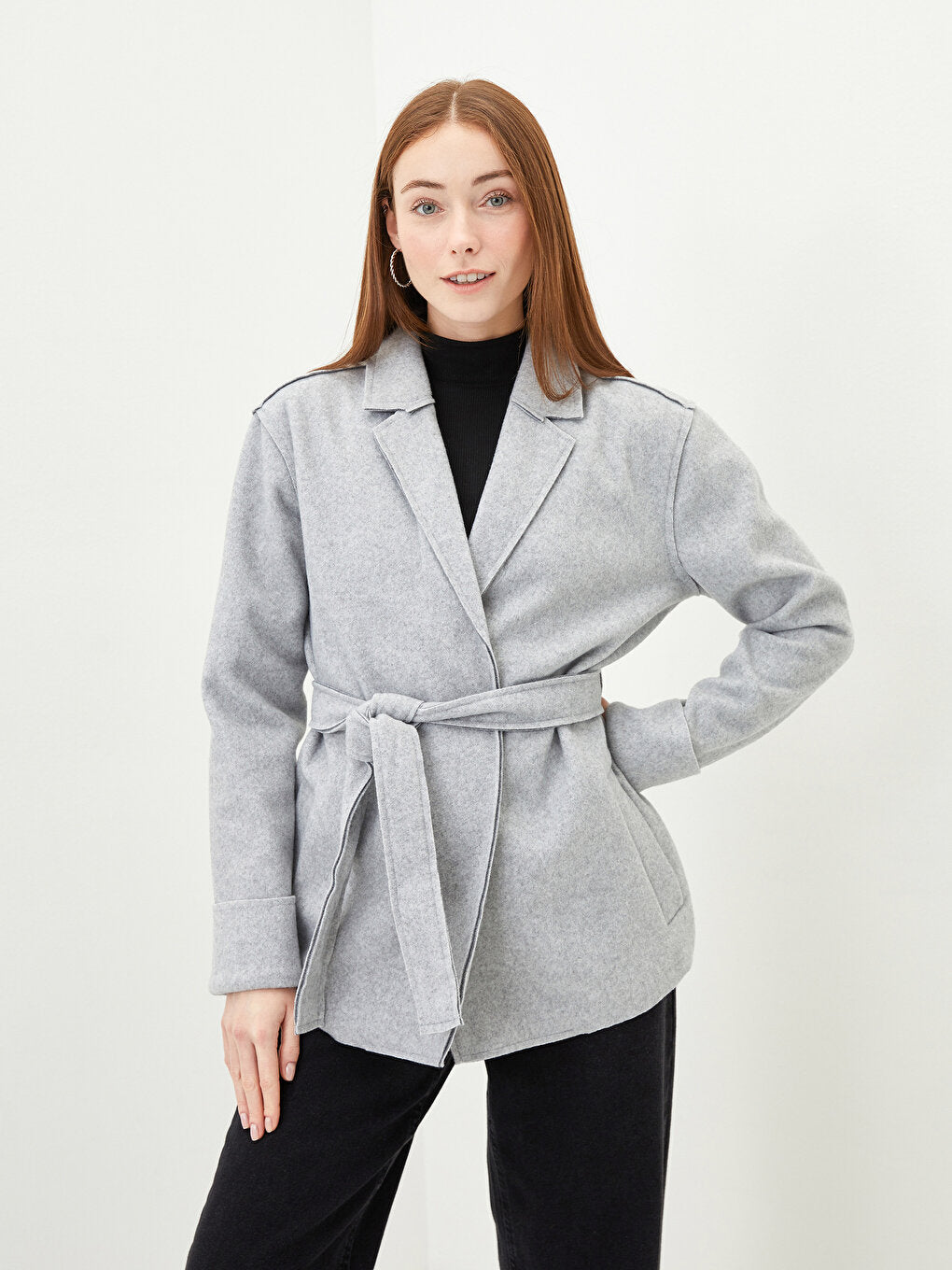 Jacket Collar Flat Waist Belted Pocket Detailed Long Sleeve Slim Women's Cashmere Coat