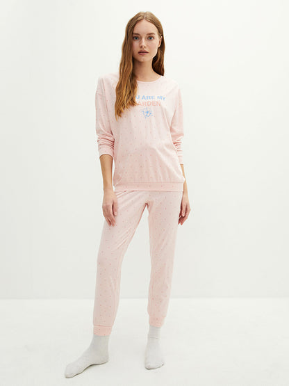 Petite Crew Neck Printed Long Sleeve Cotton Women's Pajama Set