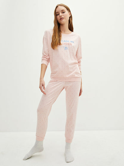 Petite Crew Neck Printed Long Sleeve Cotton Women's Pajama Set