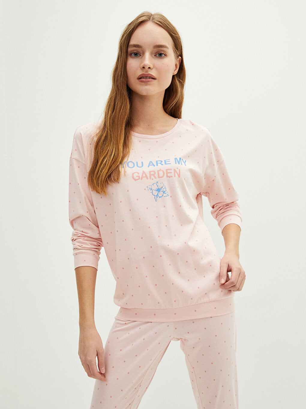 Petite Crew Neck Printed Long Sleeve Cotton Women's Pajama Set