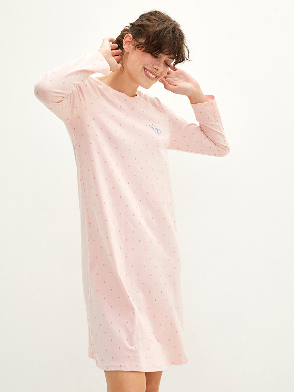 Petite Crew Neck Polka Dot Long Sleeve Cotton Women's Nightgown