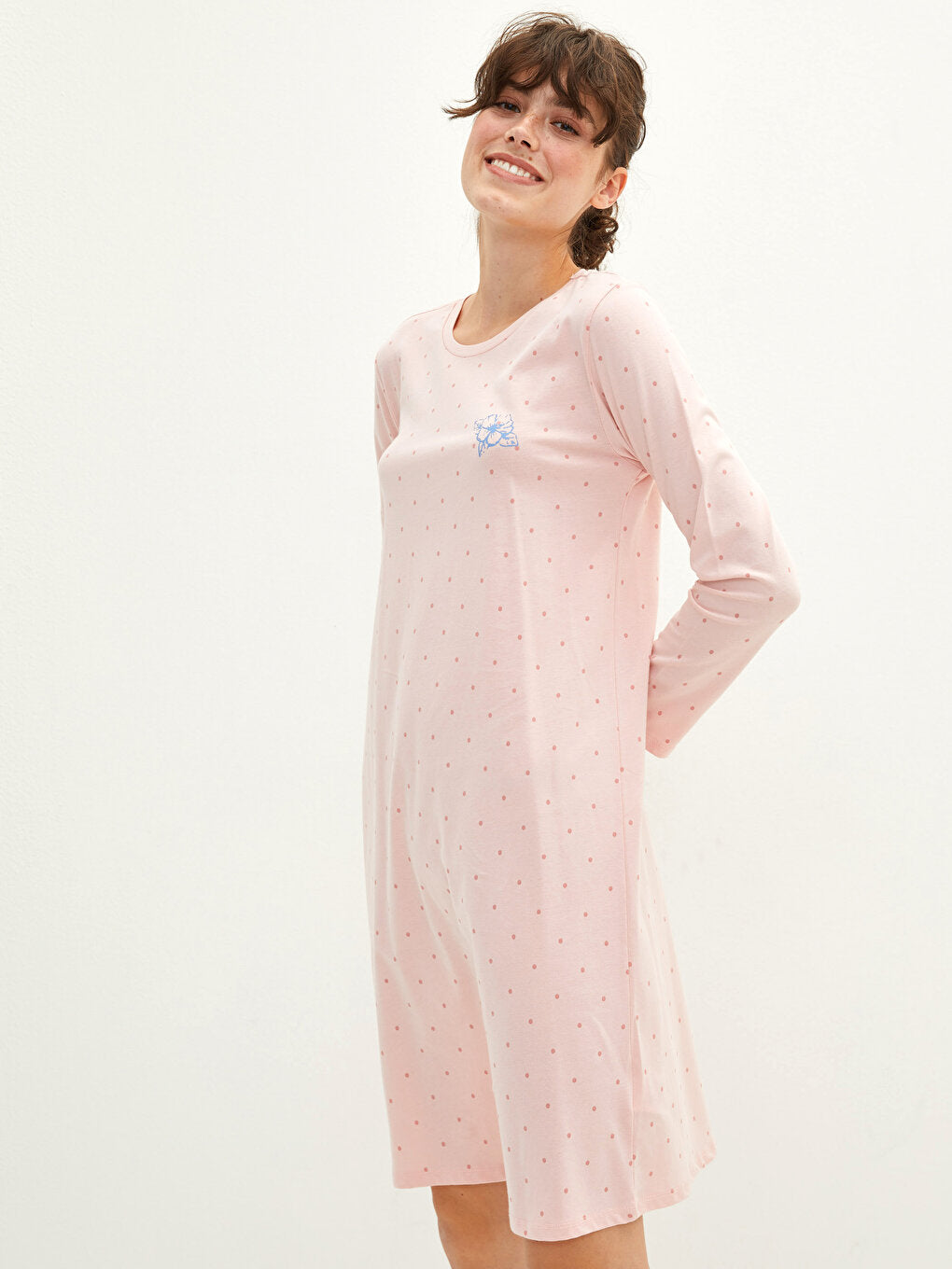 Petite Crew Neck Polka Dot Long Sleeve Cotton Women's Nightgown