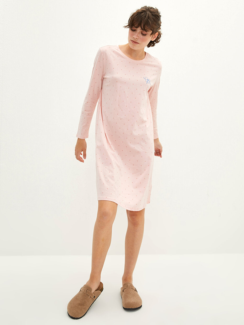 Petite Crew Neck Polka Dot Long Sleeve Cotton Women's Nightgown