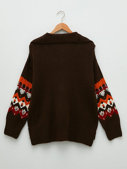 Shawl Collar Patterned Long Sleeve Women's Knitwear Sweater