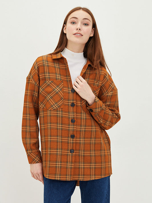 Plaid Long Sleeve Oversize Gabardine Women's Shirt Tunic