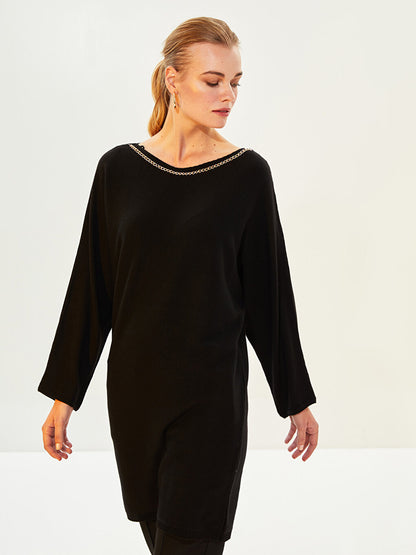 Boat Neck Chain Detailed Long Sleeve Knitwear Tunic