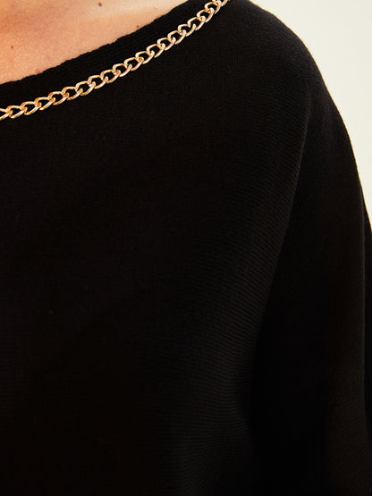 Boat Neck Chain Detailed Long Sleeve Knitwear Tunic