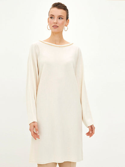 Boat Neck Chain Detailed Long Sleeve Knitwear Tunic