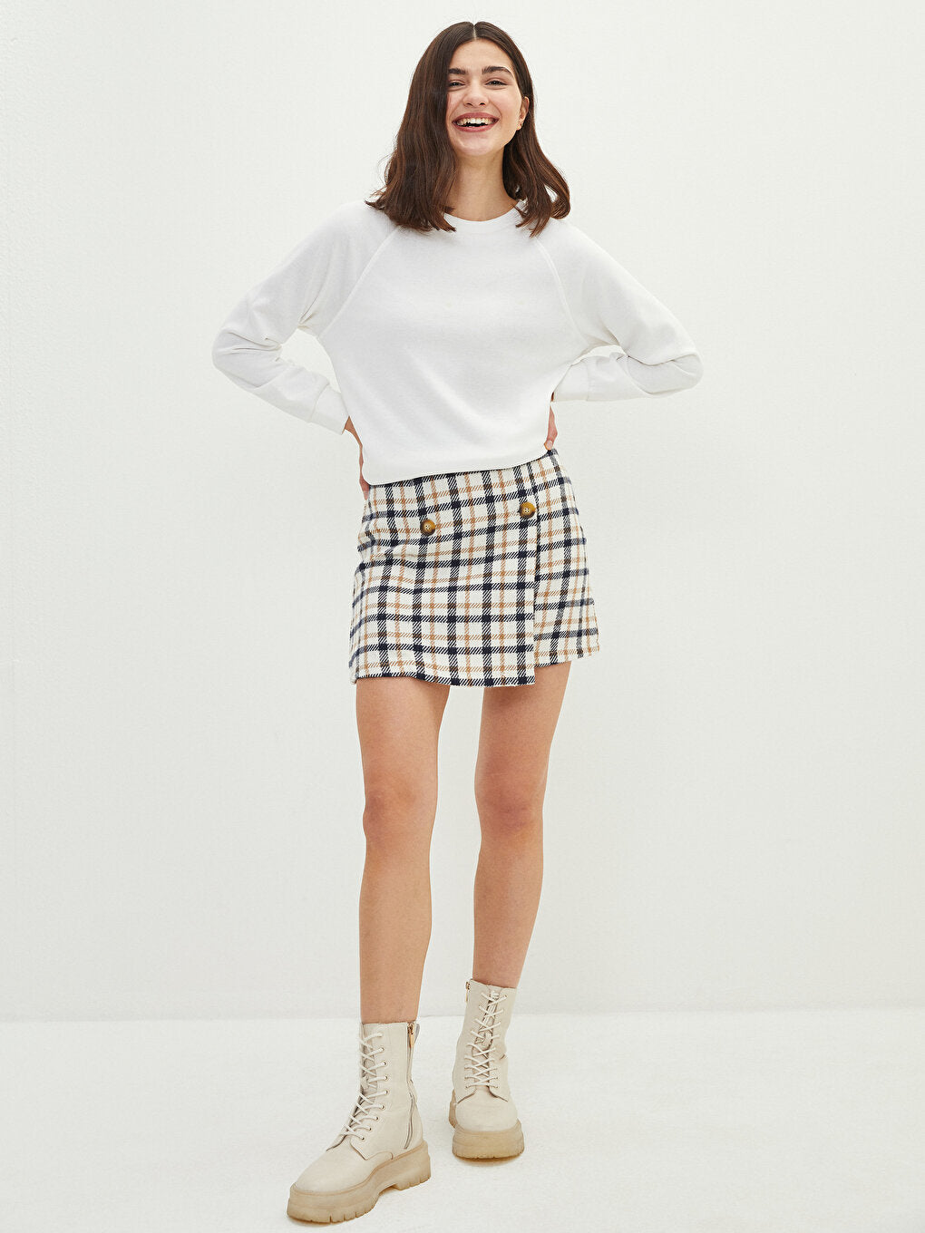 Plaid Patterned A-Line Gabardine Women's Skirt with Zipper Waist