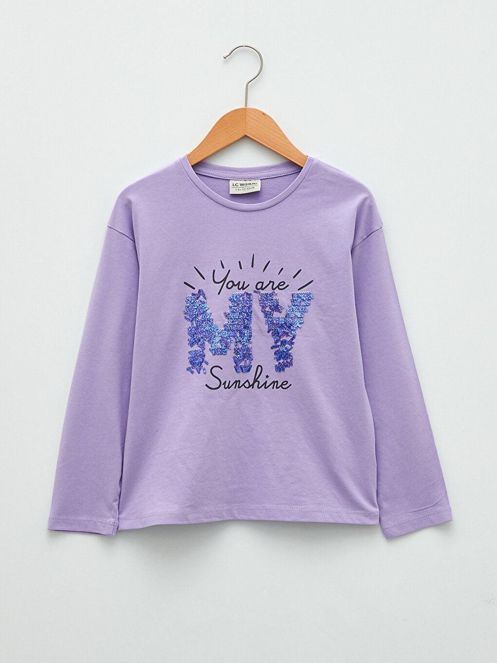 Crew Neck Printed Sequin Embroidered Long Sleeve Girls' T-Shirt