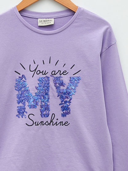 Crew Neck Printed Sequin Embroidered Long Sleeve Girls' T-Shirt