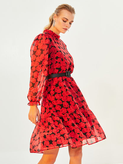 Ruffled High Collar Floral Long Sleeve Women's Dress