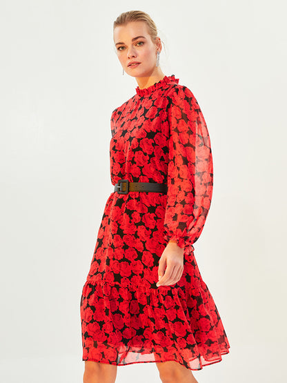 Ruffled High Collar Floral Long Sleeve Women's Dress