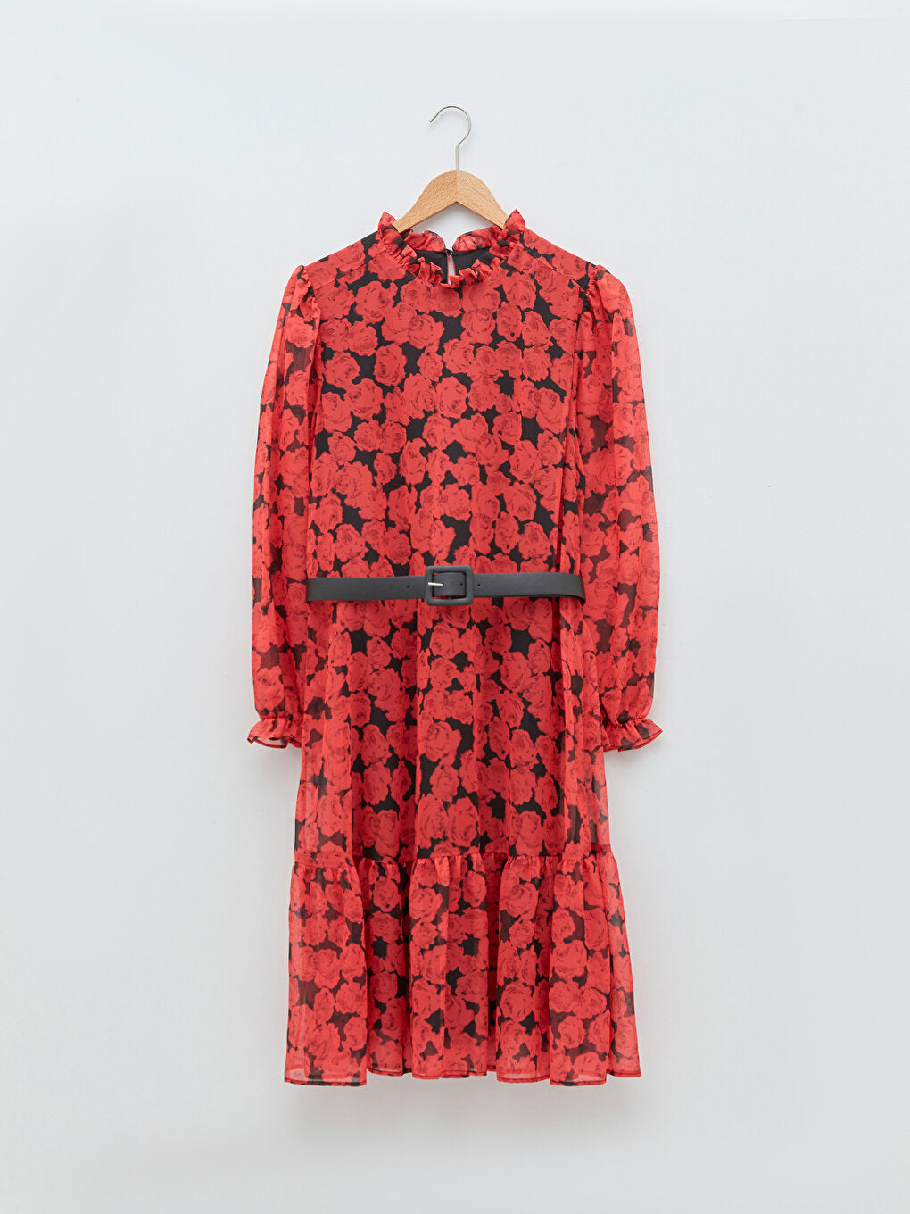 Ruffled High Collar Floral Long Sleeve Women's Dress