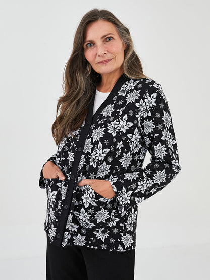 V-Neck Patterned Long Sleeve Women's Cardigan