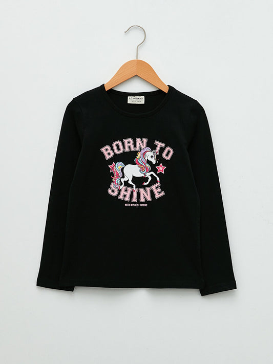 Crew Neck Printed Long Sleeve Cotton Girls' T-Shirt