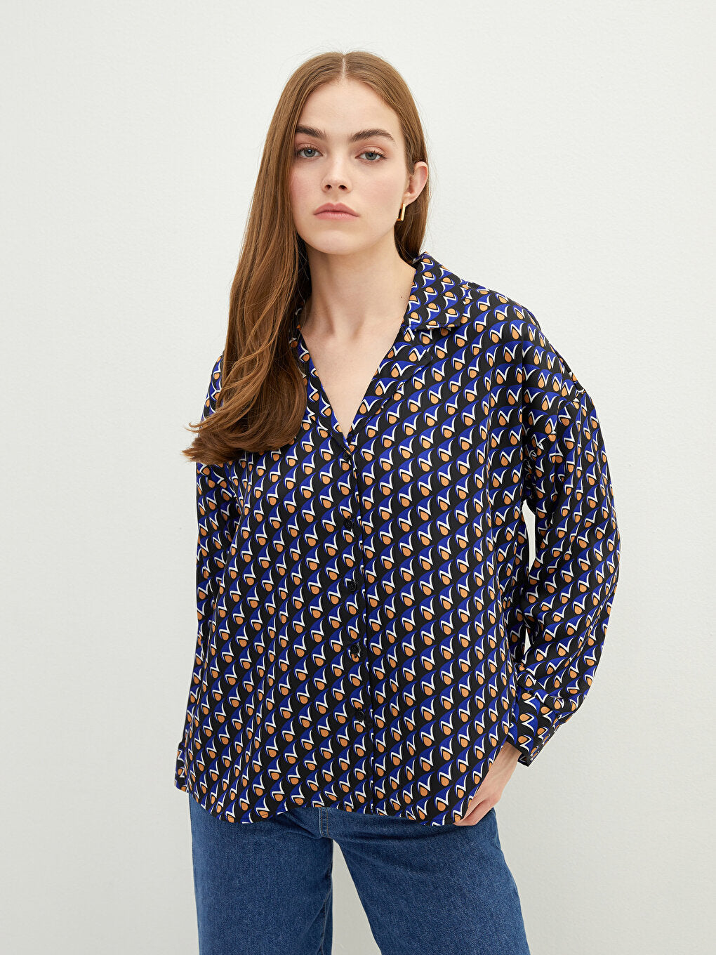 Front Button Closure Patterned Long Sleeve Women's Shirt