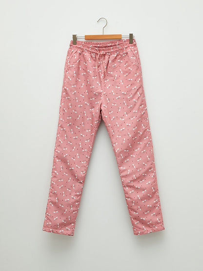 Printed Gabardine Lined Girls' Trousers with Elastic Waist