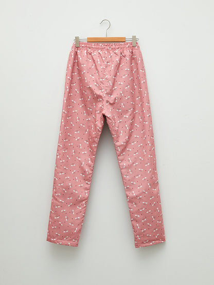 Printed Gabardine Lined Girls' Trousers with Elastic Waist