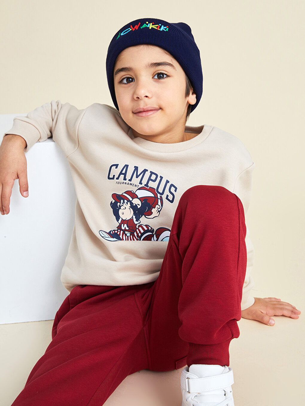 Crew Neck Nostalgic Monkey Printed Long Sleeve Boy's Sweatshirt