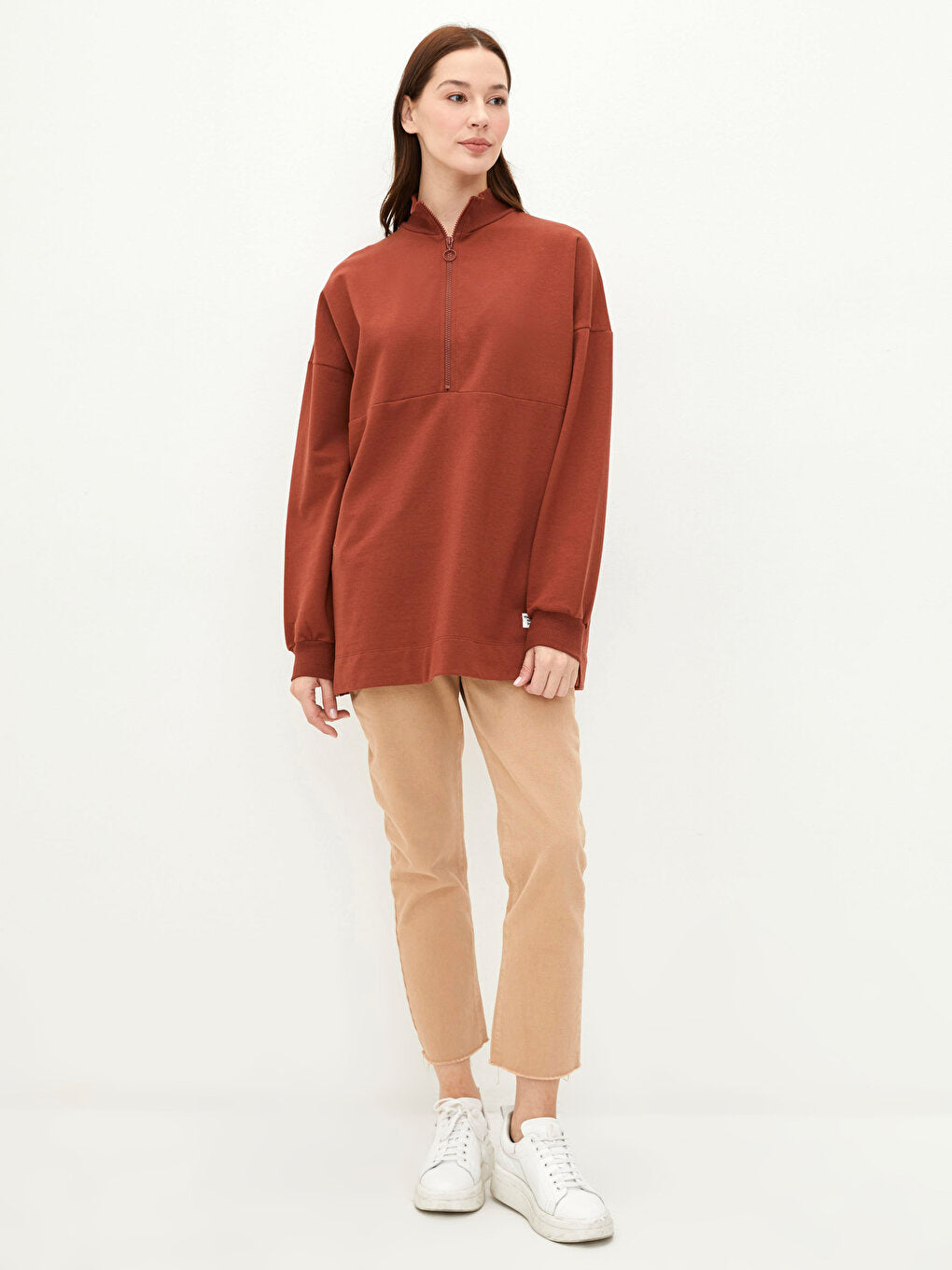 High Collar Plain Long Sleeve Oversize Women's Sweatshirt Tunic