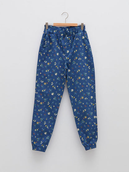 Floral Gabardine Girl's Jogger Trousers with Elastic Waist