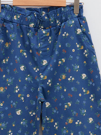 Floral Gabardine Girl's Jogger Trousers with Elastic Waist