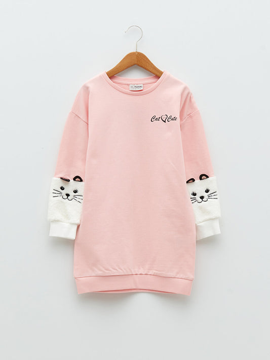 Crew Neck Embroidery Detailed Long Sleeve Girl's Dress