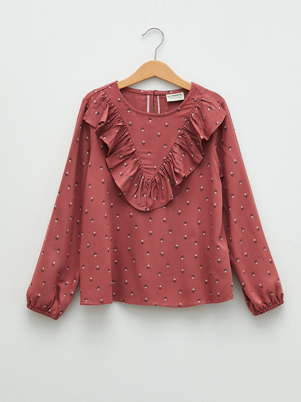 Crew Neck Patterned Long Sleeve Gabardine Girl's Blouse