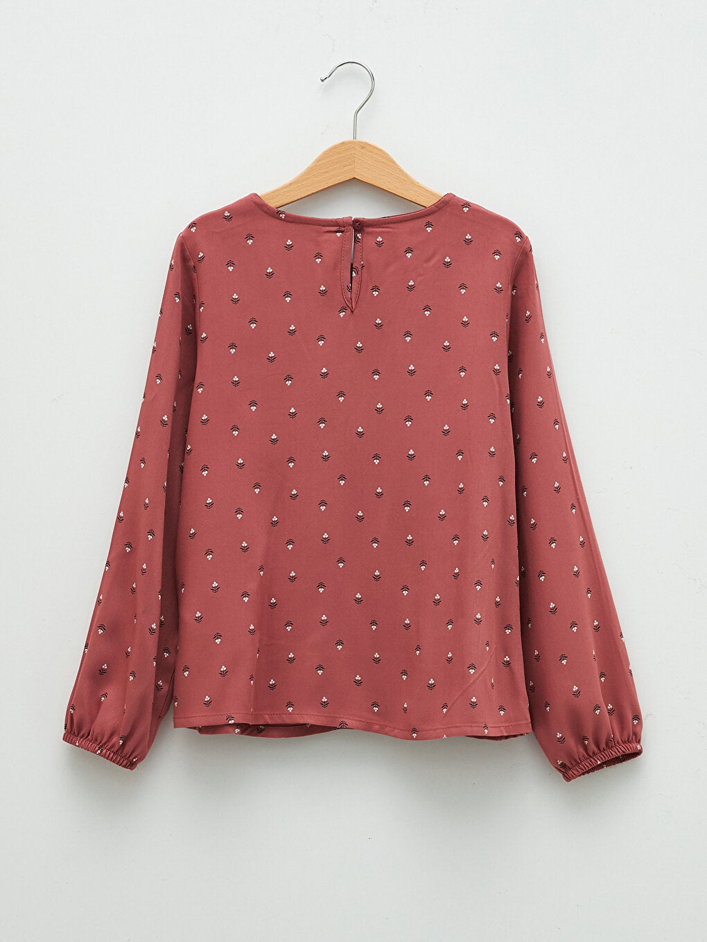 Crew Neck Patterned Long Sleeve Gabardine Girl's Blouse